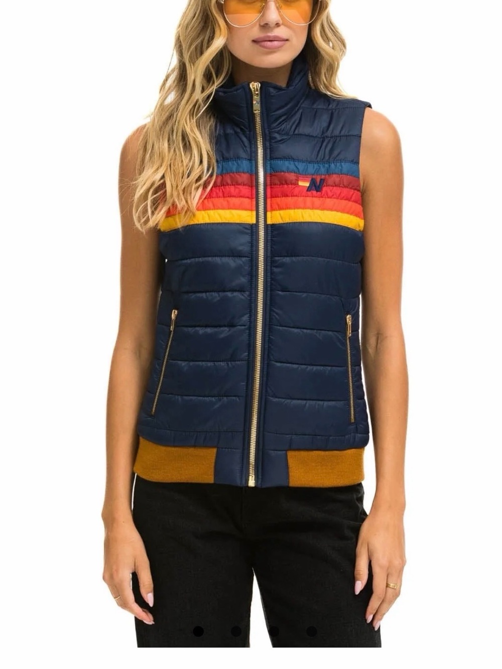 Aviator Nation Navy Quilted Puffer Vest with Rainbow Stripe - size small